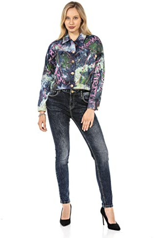 Cipo & Baxx Damen Jacke WJ195 Blau – Stylische Jeansjacke im Modernen Streetwear Look mit Knöpfen & Brusttaschen – Trendige Übergangsjacke für Freizeit & Alltag - WJ195 Blau L