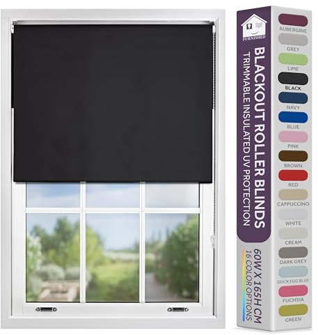 FURNISHED Blackout Roller Blind with Metal Fittings Trimmable Insulated Thermal Fabric Heavy-duty Easy Install Brackets Window Roller Blinds - Black, 45W x 165H cm