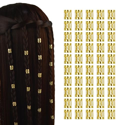 50 Pcs Dreadlocks Beads Aluminum Dread Locks Metal Cuffs Braids Accessories for Women Braiding Hair Jewelry (Gold)