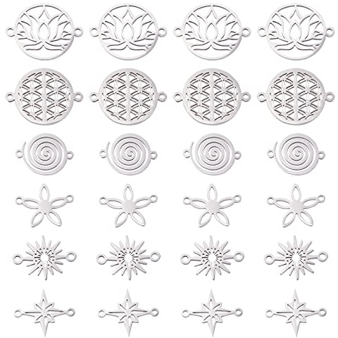 DICOSMETIC 36 Pieza 6 Estilos de Conectores de Acero Inoxidable En Forma de Vórtice, Enlaces de Estrella, Conector de Flor de la Vida de Doble Agujero para Manualidades, Fabricación de Joyas