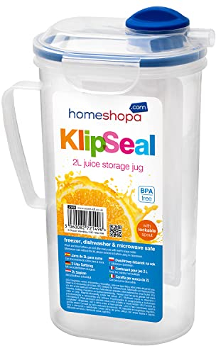 HOMESHOPA Clip & Lock Fridge Door Water Jug with Handle, 1 Pack 2 Litre Rectangular Liquid Water Storage Jug, BPA Free Plastic Pitcher with Flip Top Lid, Leak Proof & Airtight, Clear/Blue