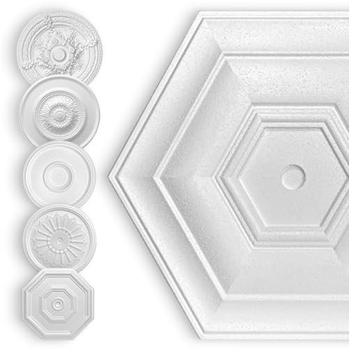 HEXIM Stuckrosette Styropor EPS weiß, Deckenrosette rund & eckig, Innendekor für Decke & Wand, Stuckrosette Lampe Wanddekoration Schlafzimmer Barock (50x50 cm Sechseck)