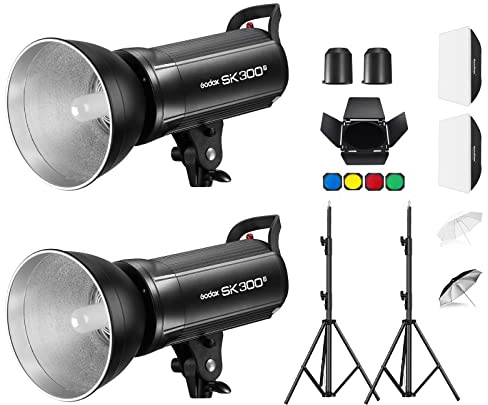 Godox 2X SK300II Studio Flash Strobe Kit:2.4G 600Ws Speedlite Flash Monolight with Bowens Mount for Studio Shooting,Location & Portrait Photography with Light Stand,Softbox,Barndoor and Umbrellas