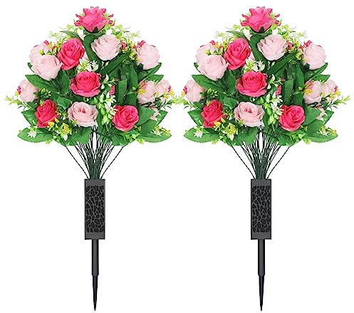 Lodou Künstliche Friedhofsblumen, künstliche Friedhofsblumen mit Vase, Gedenkblumen, künstlicher Rosenstrauß, Friedhof, Gedenkblumen für Friedhof, Grabsteine, Dekoration (rosa und rot)