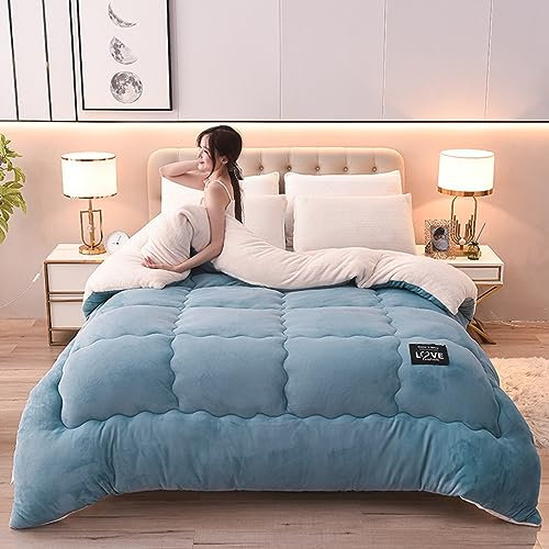 HOMDECR Bettdecke Baumwolle Winter - Winter Warmer Lamm Samtkern, Dicker Warmer Plüsch - Plus Samtkern Steppdecke Wintersteppdecke, Duvet Winter Quilt (Grau Blau,220 * 240CM(5KG))