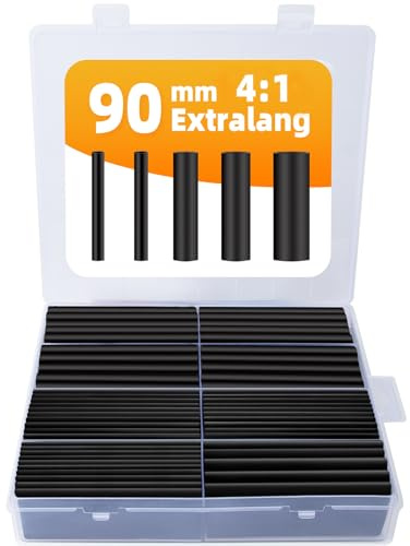 damoguin 90mm Extra lange Schrumpfschlauch-Set, 4:1 Wasserdicht Schrumpfschlauch mit Kleber, Heat Shrink Tube, Isolierschlauch-Sortiment mit 5 verschiedenen Größen（schwarz, 100 Stück）