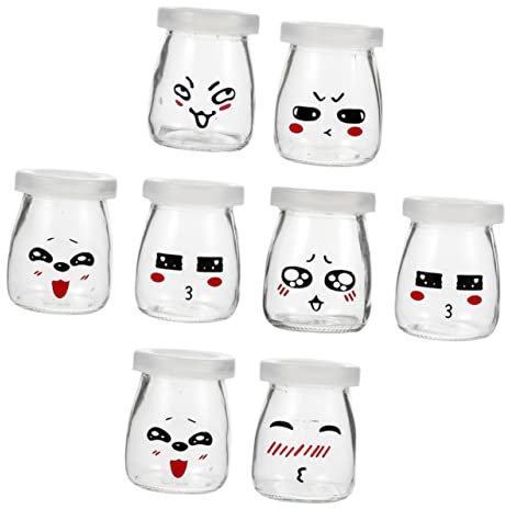 Zerodeko 8stücke Teiliges Puddingglasflaschen Mit Bunten Gesichtsmotiven Wiederverwendbare Dickwandige Glasbehälter Für Joghurt Gelees Und Desserts Spülmaschinenfest Und Praktisch Für Famil