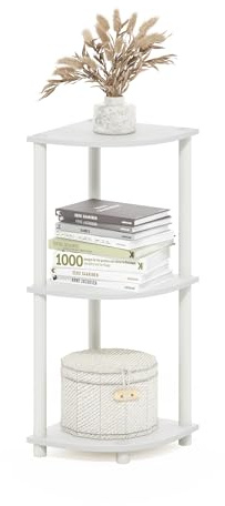 Furinno TURN-N-TUBE Corner Shelf, 3-Tier Corner Bookshelf, Display Storage Shelves with Open Shelves, for Organization and Storage, Living Room, Home Office, Garage, White