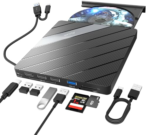 Alxum External CD Drive - Type-C USB 3.0 Portable DVD/CD RW ROM Burner Writer with SD/TF Slot & USB Ports CD 24X DVD 8X Super Fast Speed CD/DVD Reader for Laptop/Windows/Linux/Vista/Imac/Macbook