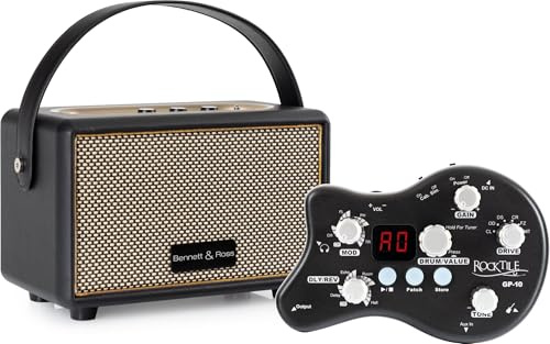 Rocktile GP-10 / BB-820BK Gitarren Amp Set - Kopfhörerverstärker mit 6 hochwertigen Amp-Models und weiteren Funktionen - Bluetooth® Lautsprecher mit Akku - 4 Fullrange Lautsprecher - Schwarz