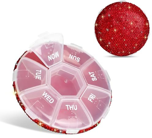 Soleebee Diamant Pillendose, Bling Kleine Tablettenbox 7 Tage Mini Tablettendose Tragbare Pillenbox Tabletten Medizin Vitamin Organizer für Outdoor Sport Reisen Camping (Rot, Rund 7 Fächern)