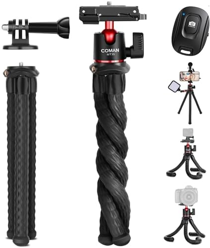 Flexible Octopus Tripod with 360° Ball Head for Smartphones & Cameras, 2kg Payload, Compatible with iPhone, GoPro Hero, Insta360 & DJI Action, Bluetooth Remote, Cold Shoe & Action Camera Adapter