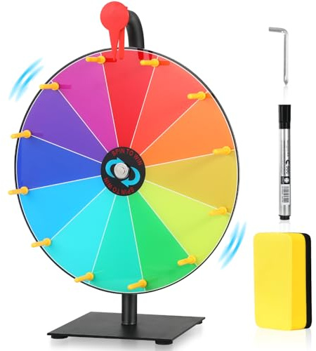 Ruota premio girevole da 30,5 cm, con supporto, da tavolo, con pennarello cancellabile a secco e gomma, 12 fessure colorate per roulette, lotteria, carnevale, fiere