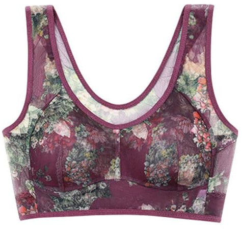 Bras for Women,Ladies Bras Full Support Comfort Support Lace Back Smoothing Ice Silk Cooling Comfort Bra Posture Corrector Bra for Elderly, Comfortable Push-Up Elderly Women Purple