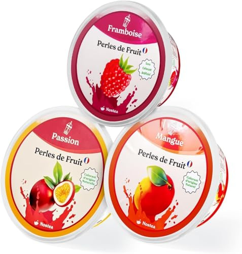 Nostea - Set di 3 vasetti, Perle per Bubble Tea Mango, Passione, Lampone – Popping Boba 100% Vegano, Senza Glutine - Perle al Succo di Frutta per Tè, Bevande - Produzione Francese - 3x 450 gr