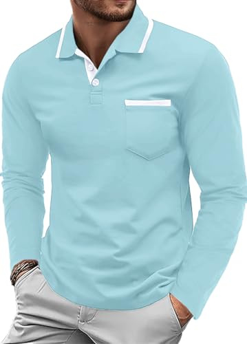 QIXING Herren Poloshirt Langarm Golf Polo Klassisches Baumwoll-Polo mit Brusttasche Casual Polo T-Shirt Pullover