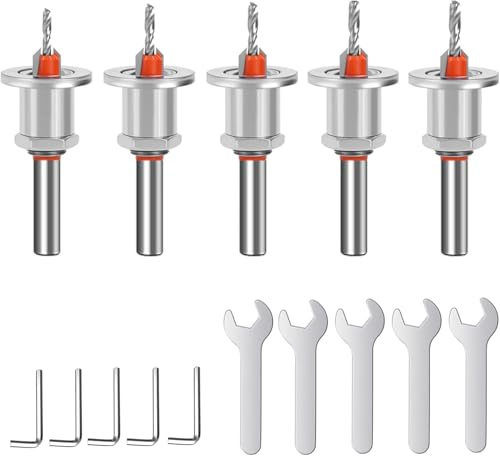 KEWAYO 5 Stücke Senkbohrer Set für Holz, 8 mm Spiralbohrer Hartholzbohrer mit Senker und verstellbarem Tiefenstopp, HSS-Spiralbohrer mit einem Schraubenschlüssel