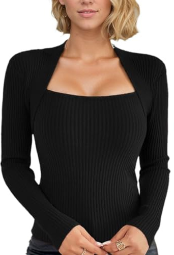 EMOTTOS Crop Tops de Punto para Mujer, Top Manga Larga Mujer Camisetas de Corte Ajustado con Cuello Cuadrado, Top Mujer Chaleco de Punto Básica de Fiesta para Señoras, Negro, S