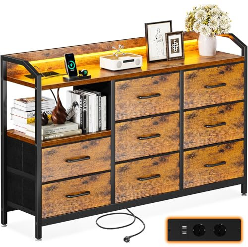 ODK Commode Chambre Adulte, avec Bandes LED Réglables en 10 Couleurs, 2 Prises USB et 2 Prises Secteur, 8 Grands Tiroirs en Tissu, Commode Rangement 110 x 30 x 88 cm, Couleur Vintage