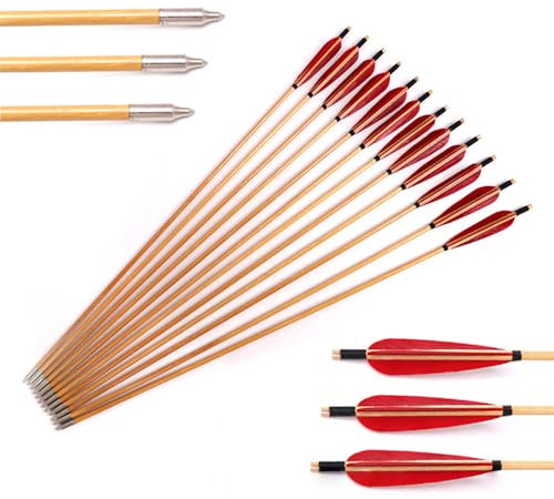 12 Stück OD 8 mm Pfeil aus Holz 5 Zoll Rot Tropfenform Truthahn-Feder, 82 cm Länge für Bogen und Pfeil Bogenschießen Praxis & Jagd