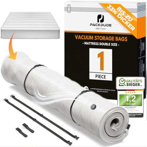PACKDUDE Vakuumbeutel für Matratzen bis 200x160cm (Beutelgröße: 250x200cm) I Matratzen Vakuumbeutel für Schaumstoff-, Gel- & Latexmatratzen I Mattress Vacuum Bag I Vakuumbeutel Matratze vakuumieren