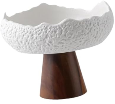 Colcolo Placa de Ensalada de cerámica Plato Aperitivo Irregular Elegante Elegante servición Japonesa tazón Base de Madera para la Cocina de Restaurante, Blanco