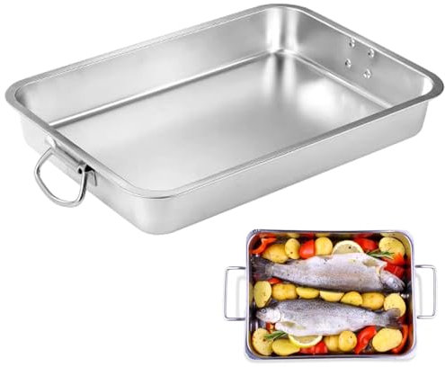 Pirofila con manici, teglia da forno rettangolare in acciaio inox, grande 40 x 30 x 7 cm, per forno, barbecue, teglia da forno, teglia per torte, teglia resistente al calore, lavabile in lavastoviglie