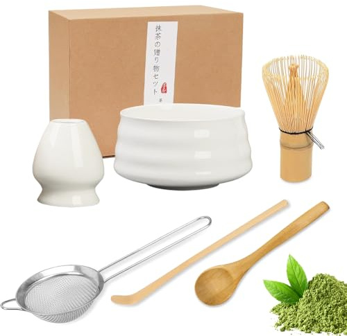 YANGUN 6Pcs Matcha Whisk Set, Matcha Tea Set with Bamboo Whisk, Ceramic Bowl, Scoop & Holder, Complete Matcha Making Kit, Reusable Matcha MakingKit for Traditional Japanese Tea Ceremony(White)