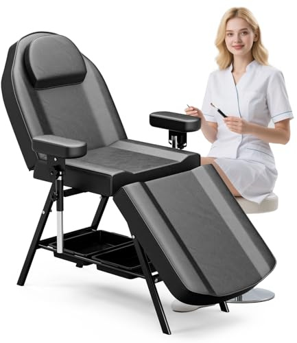 ONPNO Salon Tattoo Bed with Rotatable Armrests, Adjustable 3-Section Beauty Table with Storage Shelves, Professional Massage Chair, Facial Lash Bed for Client/Esthetician (Blcak)