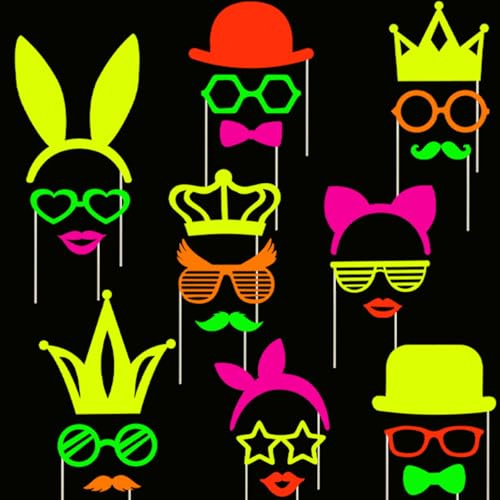 Lashua Fotobox Requisiten, 24 Stück, Neon-Party Zubehör | Fotobox Accessoires für Schwarzlicht, Geburtstag, Karneval, Hochzeit, Halloween