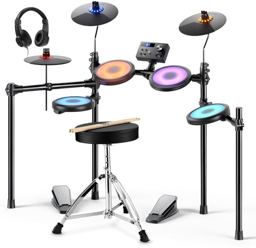 Donner DED-70L Electronic Drum Set with LED Light Up Quiet Mesh Drum Pads & 9 Cymbals, 150 Sounds, 15 Drum Kits, USB MIDI, Type-C Charging, 2 Pedal, Throne, Headphones, Sticks, Melodics Lessons