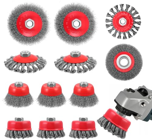 Ensemble de 12 brosses métalliques pour meuleuse d'angle, tournevis sans fil avec brosse métallique M14, brosse métallique à disque pour le nettoyage, l'élimination de la rouille et le ponçage.
