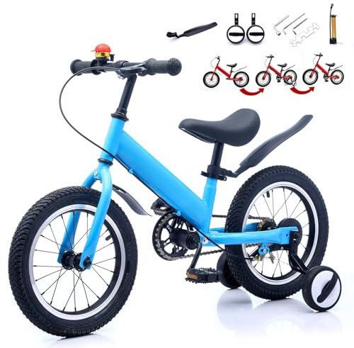 CXYTX Laufrad Set für Kinder ab 2 Jahren,Kinderhelm Ultraleichtes DesignRahmen aus Carbonstahl14-Zoll-Felgen, Trittbrett und ergonomisch höhenverstellbarer Sitz, Outdoor-Balance-Bike,Blau,14zoll