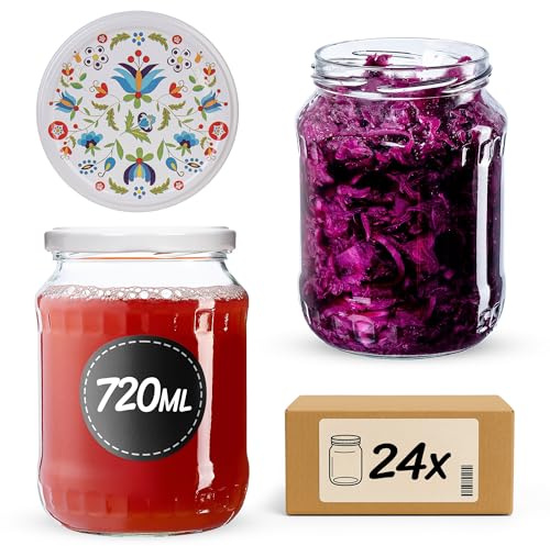 KADAX Lot de 24 grands bocaux en verre 720ml Ø82 à pois rouges – Couvercle Twist-Off hermétique TO82 – Pour conserves, cornichons, légumes fermentés & confitures maison