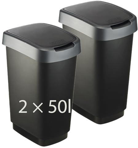 Rotho Twist Mülleimer Küche 2er-Set 2 x 50 L mit Deckel Anthrazit/Silber | Biomülleimer Küche und Papierkorb im Set, Schwing- und Klappdeckel, breiter Rand verdeckt Beutel, PP, Sticker inklusive
