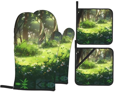 4 pezzi Presine E Guanti Da Forno Vegetation Printed Guanti Da Cucina Divertenti Guanti Da Barbecue Per Cucinare, Cottura Al Forno, Cucina