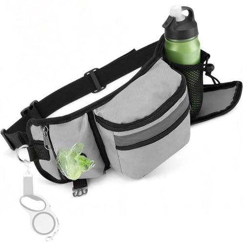 Purecas Hundetrainings-Tasche | Leckerli Bauchtasche mit Reflektorstreifen & Zusatzgurt | Wasserdicht, Verstellbar, für Training, Gassi & Sport (Silber Grau)