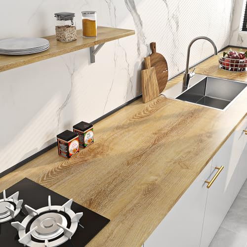 Livelynine Papel Pintado Autoadhesivo Madera Roble Vinilo Encimera Cocina Madera 90 Ancho Papel Adhesivo para Muebles de Cocina Baño Armarios Escritorio Estanteria Vinilos para Muebles 90CMx500CM