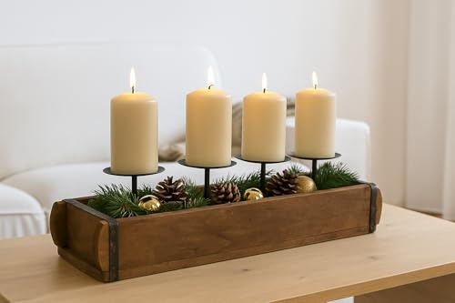 mucHome Vintage Ziegelform Adventsleuchter für 4 Kerzen, Kerzenhalter Holz Kerzenständer Weihnachts Advent Deko Holzkiste Weihnachtsdeko Kiste Used Look Adventskranz (Stumpenkerzen 60x15x12cm)