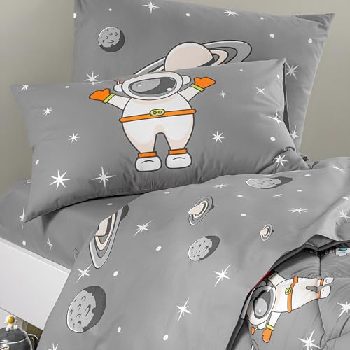 Caleffi Sábanas individuales niño Art. Spazio de algodón 100% – Juego de 3 piezas con funda de almohada reversible – Color gris