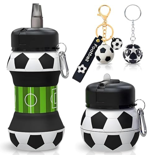 JhavexToy Bicchiere da Calcio, Bottiglia d'acqua Pieghevole per Bambini e Adulti,Pieghevole Borraccia Sportiva 550ML,Borraccia Con Portachiavi da Calcio, Bianco e Nero,Adatta a Campeggio Viaggi Sport