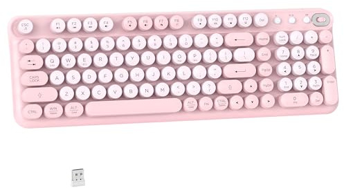Links9+ Wireless Bluetooth Keyboard, Retro Round Typewriter Keyboard, Dual Mode Bluetooth & 2.4GHz Receiver, Compatible with Windows, macOS, iPad, Android, Laptops, and Tablets (Pink)