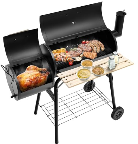 KOMFOTTEU Barbacoa de Carbón con Ruedas y Termómetro, Parrilla de Acero con Chimenea, Barbacoa Ahumadora al Exterior con Mesa Lateral y Estante Inferior, 115 x 65 x 108 cm