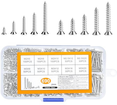 690 Pcs M2 M2.5 M3 Small Wood Screws Assortment Kit, for Phillips Cross Flat Head Self Tapping Screws for Deck Chipboard Construction Drywall Concrete Screw Assorted Set(silver)