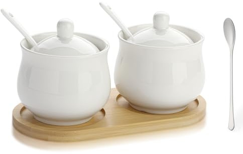 zeeooil Sugar Bowl with Lid and Spoon Set of 2 White Sugar Pot Container 1 Wood Holder (White)