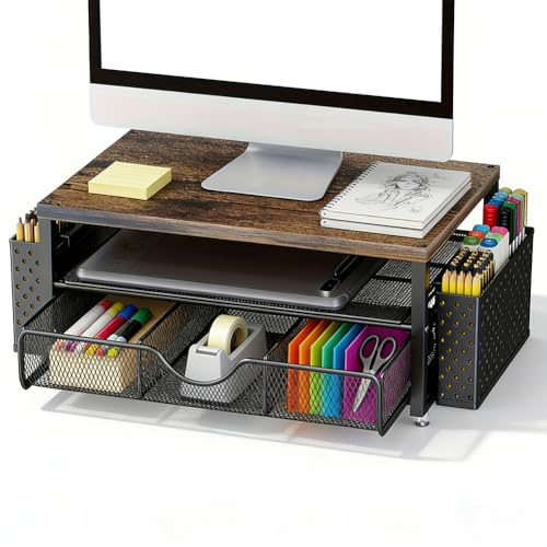 Zinueen Support pour écran avec Tiroir, Organiseur de Bureau pour écran et Ordinateur Portable, Rehausseur Ergonomique pour écran Comme Accessoire de Bureau et Gadget (Noir)