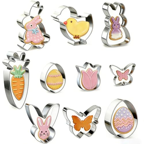 YUNNINGMENG 10 Stück Ausstechformen Ostern Set, Plätzchen Ausstecher aus Edelstahl, Ausstecher Ostern mit Hase, Ei, Karotte, Tulpe, Küken & Schmetterling, Keksausstecher Set für Easter Decoration
