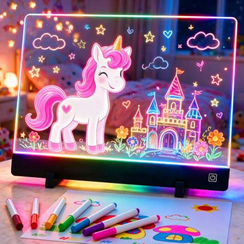 LED Aufladbare Zeichenbrett für Kinder, 1500mAh Akka, 4 Farben, 35x26cm | 7 Markern, LED Notizbrett, Tragbar, leuchtender Neon-Kunst-Maltafel mit Ständer & Hängekette für Geschenke