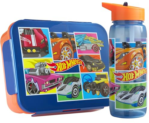 Get Trend Hot Wheels Kids Bento Lunch Box and 640ml Water Bottle Set, BPA-Free Snack Lunch Box with Compartment Set for Travel & Picnics, School Supplies Gifts for Boys (Multi Hot Wheels)
