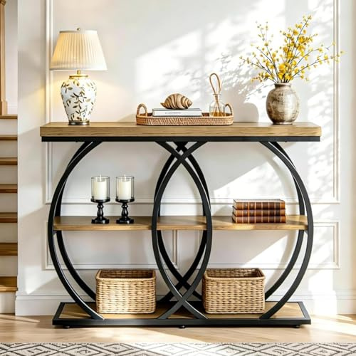 Tribesigns 105cm Industrial Console Table, 3-Tier Entryway Table with Storage Shelves, Narrow Sofa Side Table with Metal Frame for Lounge, Hallway & Foyer, Rustic Brown